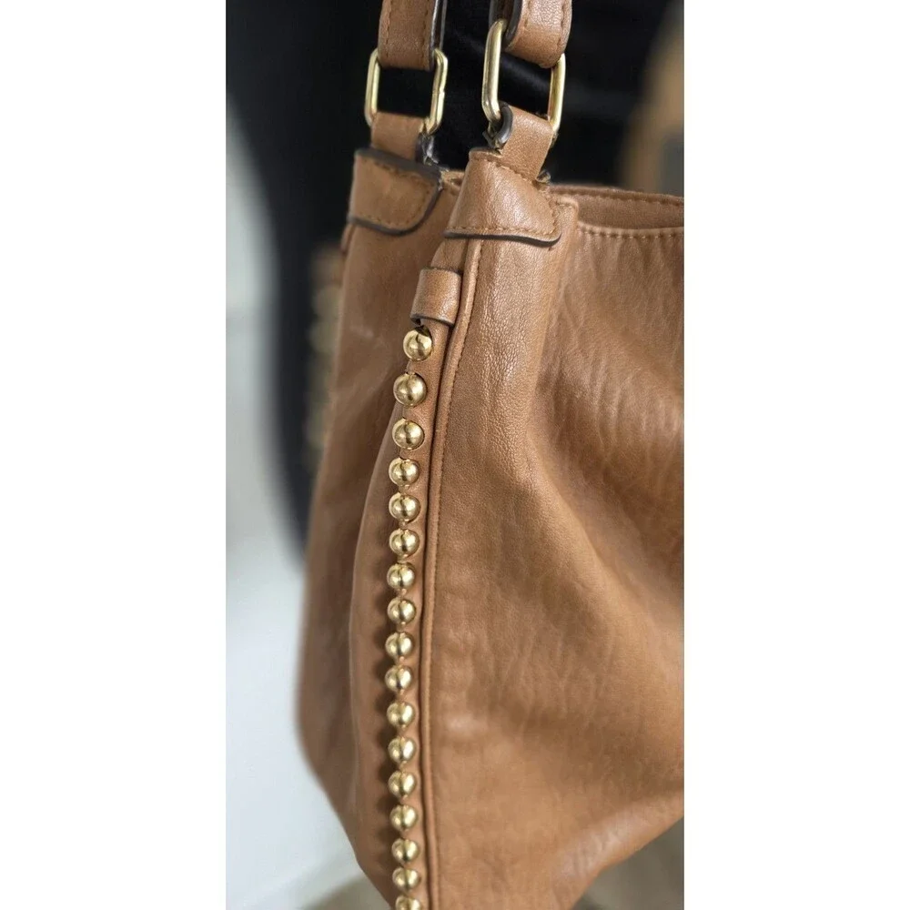 Jessica Simpson Cognac Studded Hobo Shoulder Bag Boho Y2K Feather Charm Purse